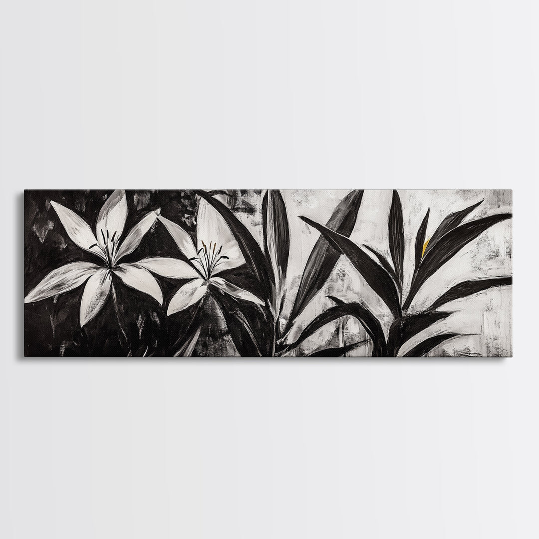 Monochrome Floral, Black and White Flowers, Botanical Wall Art, Minimalist Decor, Framed Canvas Print, Bedroom Art, Modern Aesthetic, Elegant Art