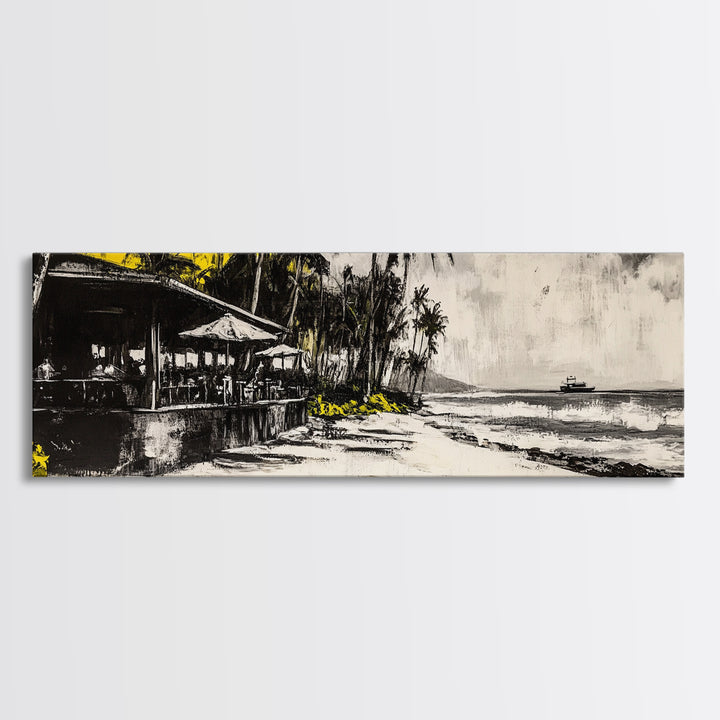 Beachside Restaurant, Ocean Waves, Coastal Cafe, Palm Trees, Framed Canvas Print, Tropical Wall Art, Living Room Art, Nautical Decor