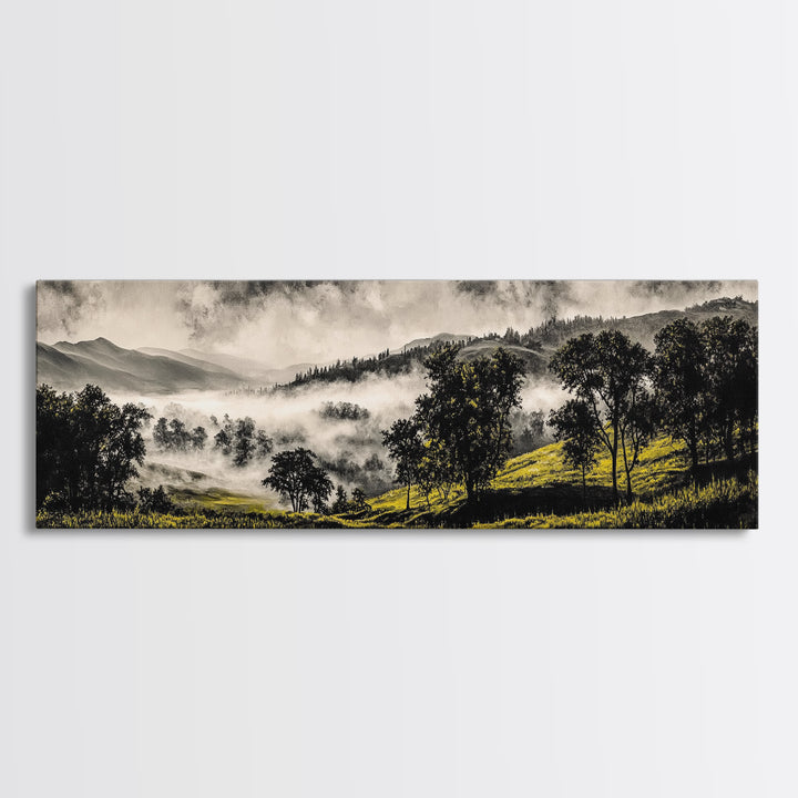 Rolling Hills, Misty Landscape, Moody Mountain Art, Nature Inspired Decor, Framed Canvas Print, Living Room Wall Art, Dramatic Foggy Scene