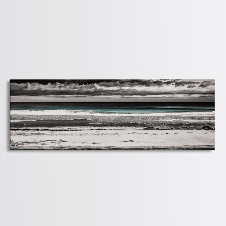 Ocean Bench, Beach Serenity, Black and White Seascape, Minimalist Art, Framed Canvas Print, Calm Coastal, Meditation Space