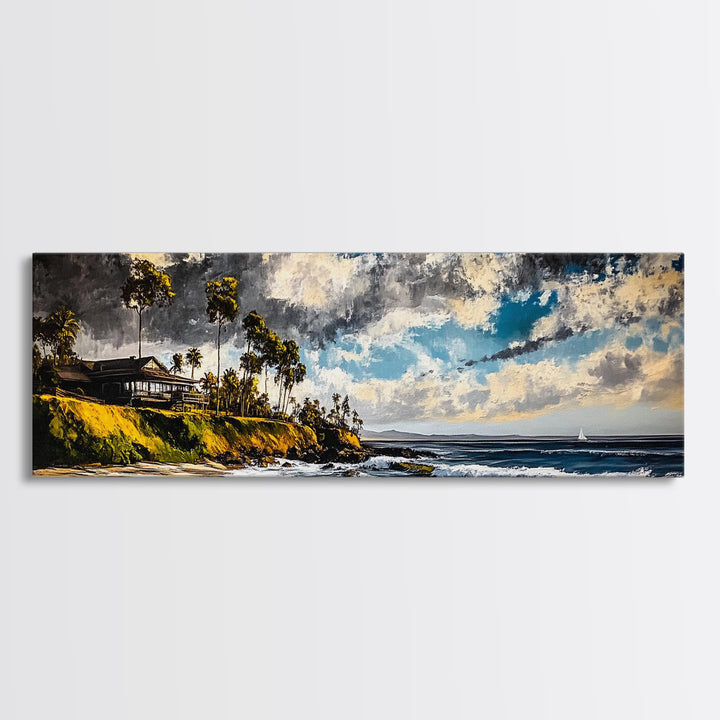 Beach Escape, Cliffside Home, Coastal Scene, Canvas Print, Ocean Landscape, Beach House Art, Nautical Decor, Living Room Artwork