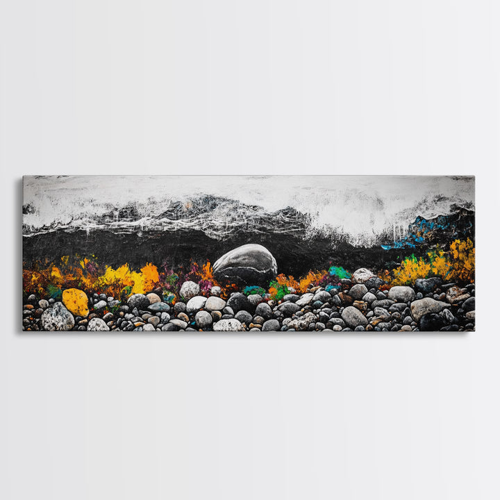 Pebble Beach, Ocean Waves, Coastal Rocks, Canvas Print, Nautical Home Decor, Beach House Art, Nature-Inspired Wall Art, Minimalist Seascape