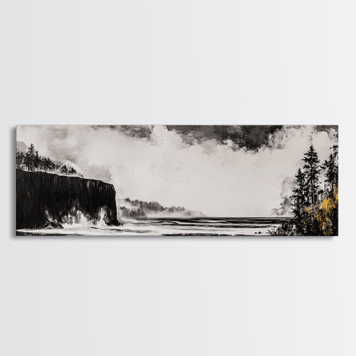 Cliffside Ocean, Dramatic Seascape, Moody Coast, Monochrome, Framed Canvas Print, Coastal Wall Art, Nautical Decor, Large Wall Art