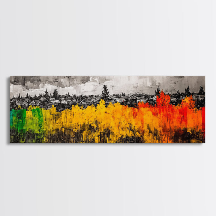 Autumn Trees, Village Scene, Vibrant Fall Decor, Warm Seasonal Print, Nature Inspired Artwork, Living Room Wall Art, Framed Canvas Print