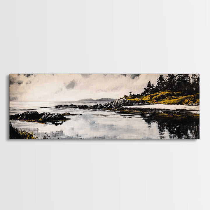 Coastal Reflection, Black White Art, Framed Canvas Print, Modern Landscape Art, Minimalist Decor, Large Wall Art, Bedroom Wall Art