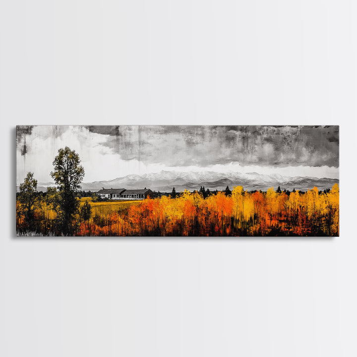 Autumn Landscape, Rustic Cabin Art, Mountain View, Fall Trees, Country Home, Black and White, Living Room Decor, Framed Canvas Print