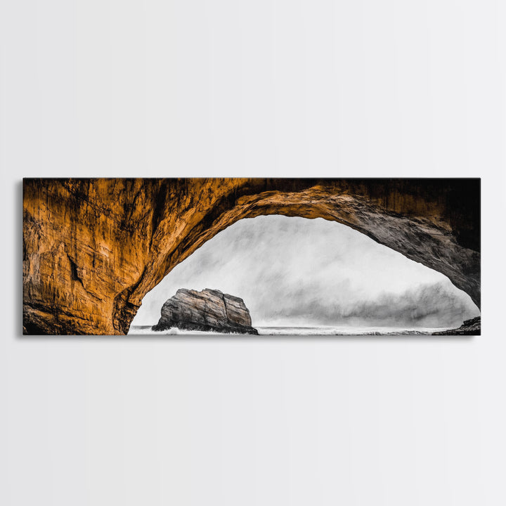 Natural Arch, Coastal Cliff Art, Black and White Landscape, Beach Rock Formation, Dramatic Seascape, Home Wall Decor, Canvas Print
