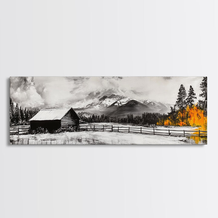 Cabin in Mountains, Rustic Winter Scene, Black and White Art, Fall Forest Accent, Cozy Lodge, Living Room Decor, Framed Canvas Print
