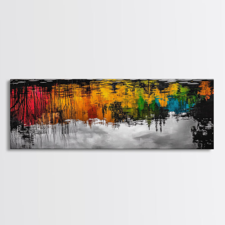 Colorful Reflection, Abstract Water Art, Nature Painting, Autumn Trees, Vibrant Colors, Black and White Contrast, Canvas Print