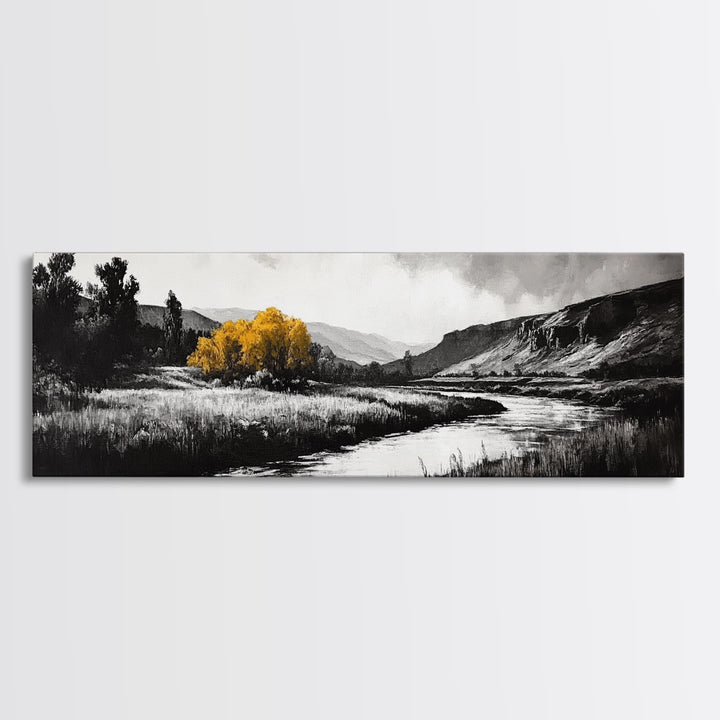 River Landscape, Rustic Nature Art, Black and White with Yellow Accent, Peaceful Scenery, Living Room Decor, Canvas Print