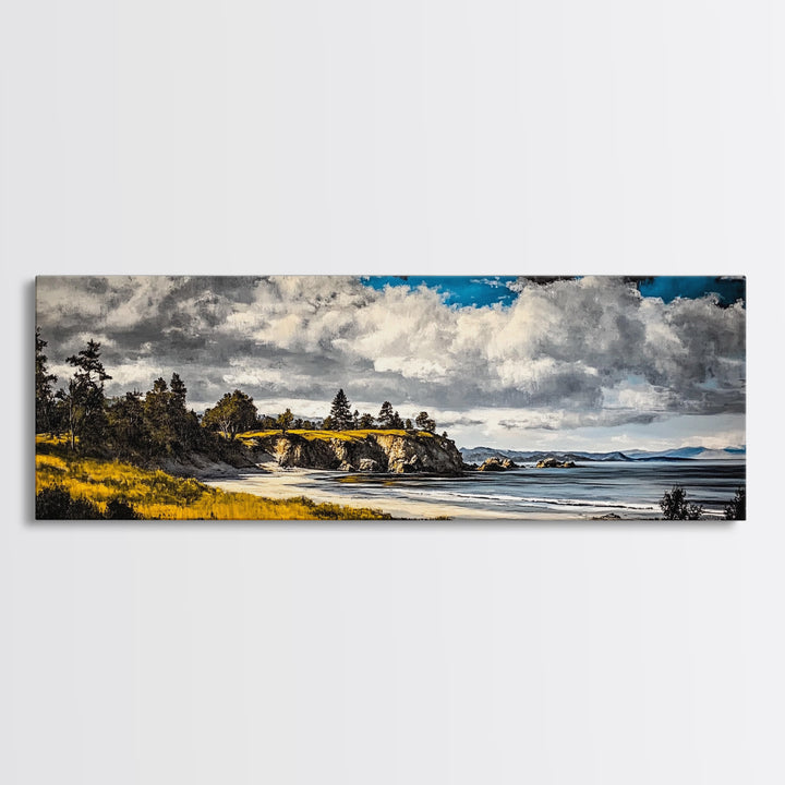 Dramatic Beach, Blue Sky, Coastal Landscape Art, Canvas Print, Modern Nature Decor, Living Room Artwork, Large Scenic Wall Art