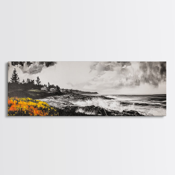 Coastal Storm, Monochrome Seascape, Bold Ocean Art, Framed Canvas Print, Black White Yellow, Living Room Wall Decor, Nautical Artwork