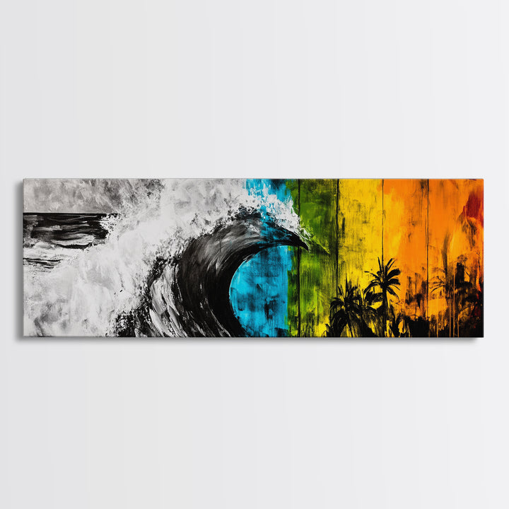 Ocean Wave Painting, Coastal Wall Art, Beach Sunset Decor, Tropical Nature Print, Vibrant Abstract Art, Framed Canvas Print