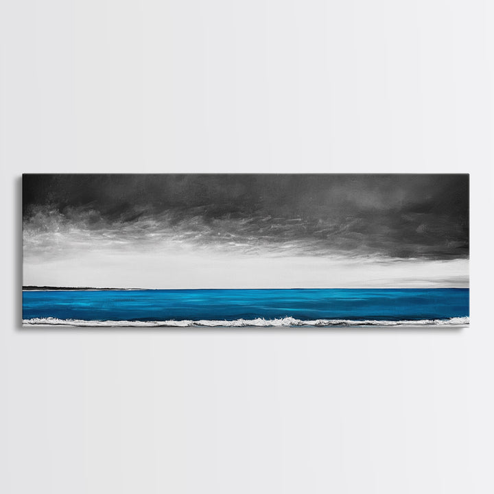Blue Ocean, Moody Seascape, Coastal Wall Art, Minimalist Beach Scene, Black and White Decor, Framed Canvas Print, Bathroom Wall Art