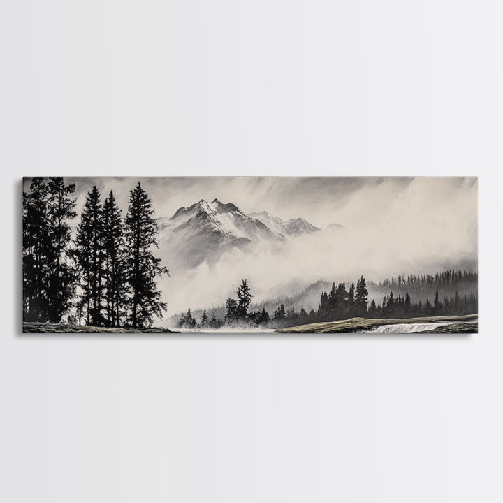 Mountain, Misty Landscape, Black and White, Forest, Framed Canvas Print, Large Wall Art, Minimalist Art, Modern Home Decor, Bedroom Wall Art