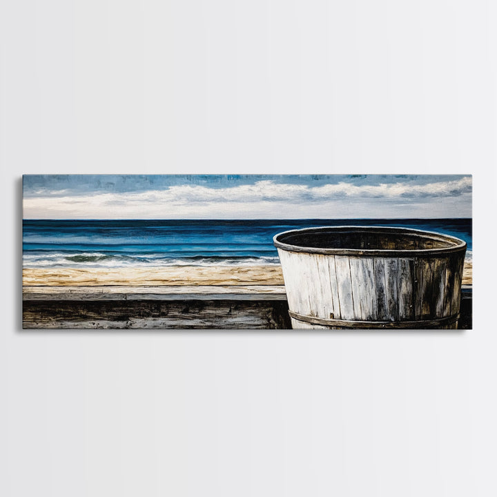 Beach Barrel, Nautical Wall Art, Coastal Home Decor, Canvas Print, Ocean Blue Wall Art, Rustic Seaside, Living Room Decor, Beach House Art