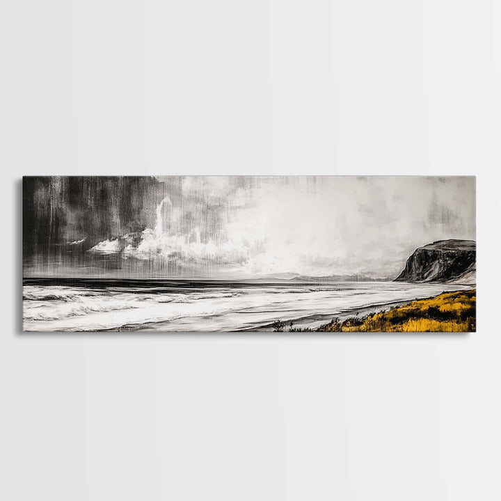 Rainy Coast, Moody Seascape, Black and White Art, Framed Canvas Print, Minimalist Wall Art, Beach House Decor, Ocean Landscape, Large Art