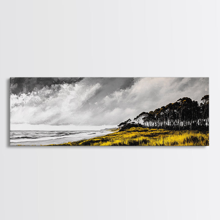 Coastal Serenity, Yellow Field, Stormy Sky, Canvas Print, Ocean Landscape, Beach House Art, Modern Nature Painting, Living Room Wall Decor
