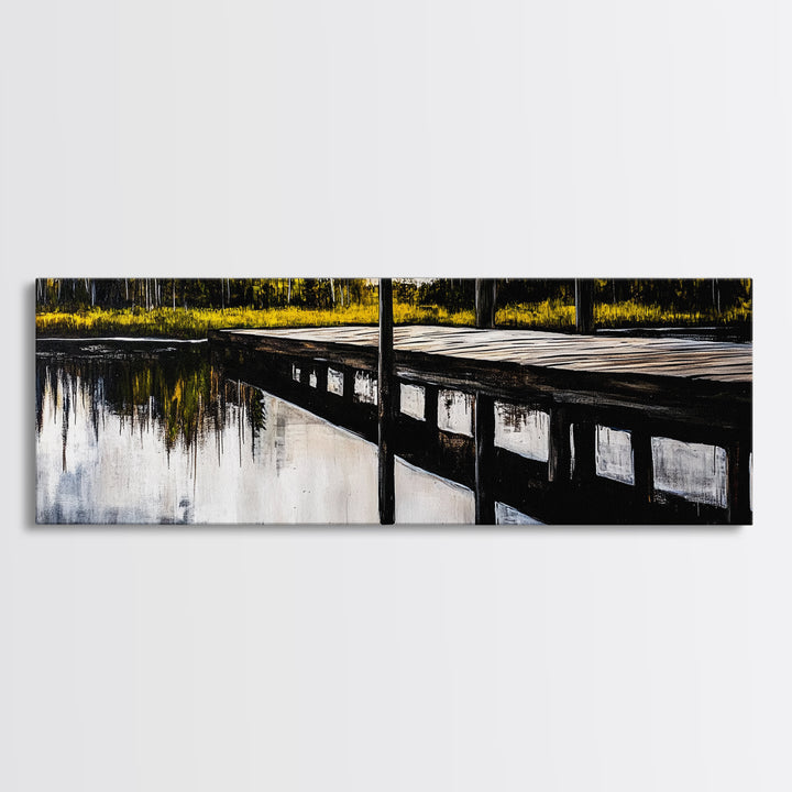 Lakeside Dock, Reflection Art, Serene Water, Framed Canvas Print, Tranquil Nature Scene, Rustic Cabin Decor, Woodland Wall Art, Large Art