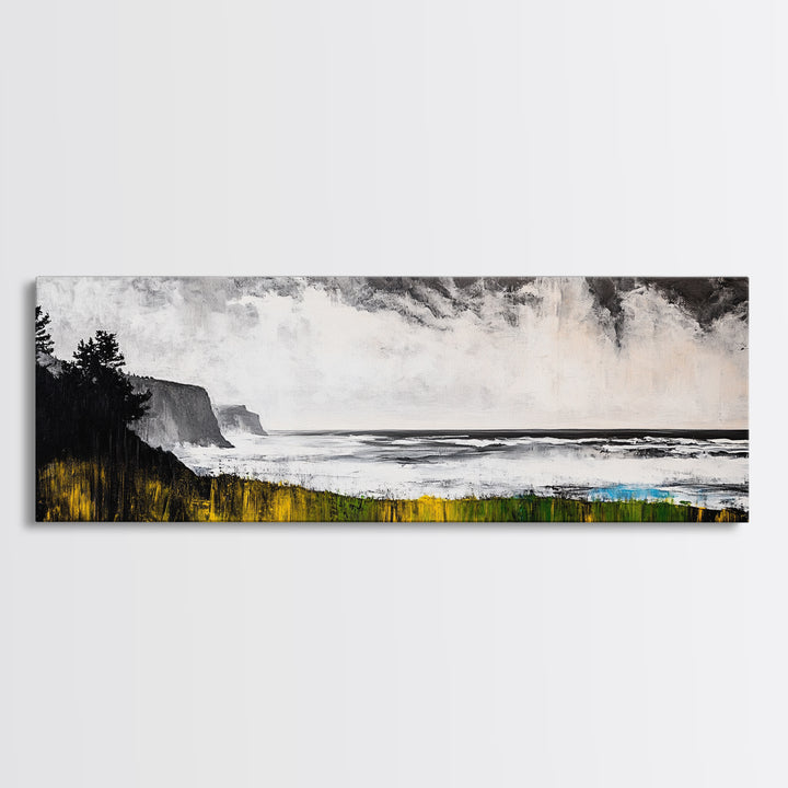 Cliffside View, Misty Ocean, Yellow Grass, Canvas Print, Coastal Landscape, Fall Wall Art, Nature Painting, Living Room Home Decor