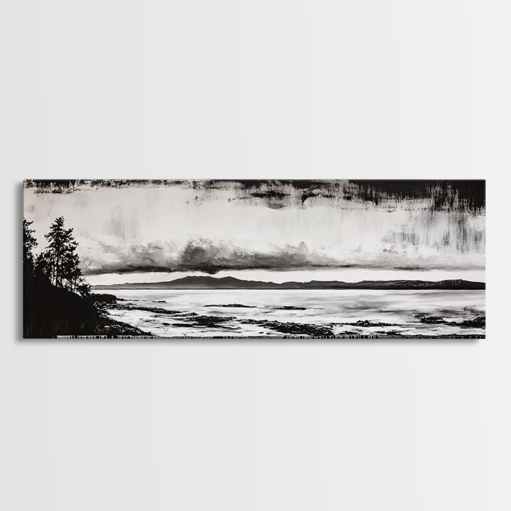 Black White Seascape, Ocean Storm, Dramatic Sky, Framed Canvas Print, Minimalist Art, Coastal Wall Decor, Office Accent, Nautical Home Art