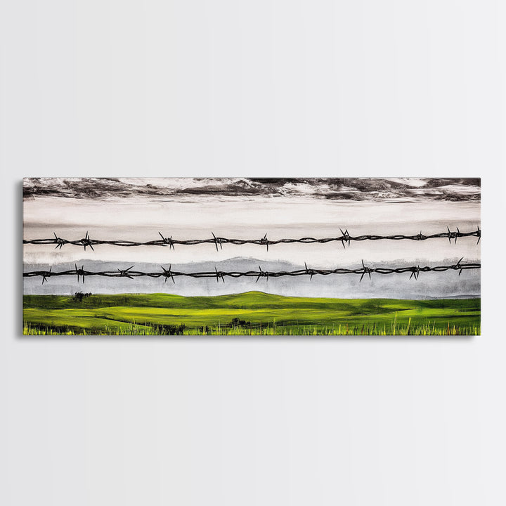 Barbed Wire Art, Rural Landscape Print, Farmhouse Wall Decor, Countryside Canvas Print, Rustic Living Room Art, Framed Canvas Print
