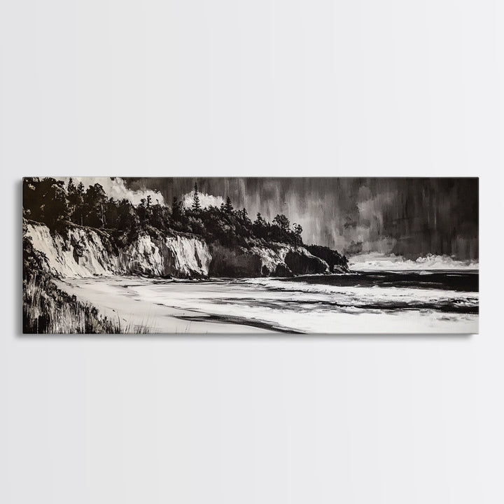 Bold Coastal Cliff, Monochrome Seascape Painting, Dramatic Nature Wall Art, Minimalist Ocean Print, Modern Home Decor, Framed Canvas Print