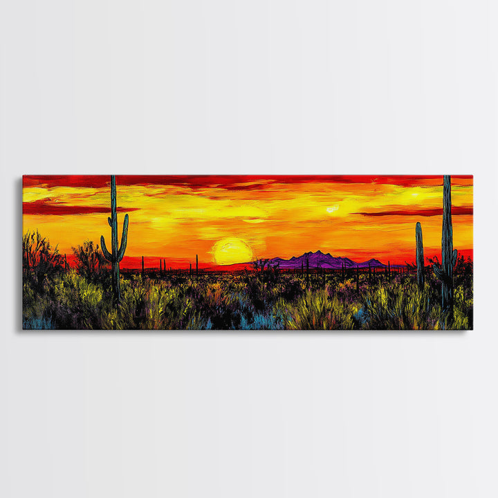 Desert Sunset Art, Vibrant Cactus Painting, Warm Boho Landscape, Southwestern Wall Decor, Bold Nature Print, Framed Canvas Print