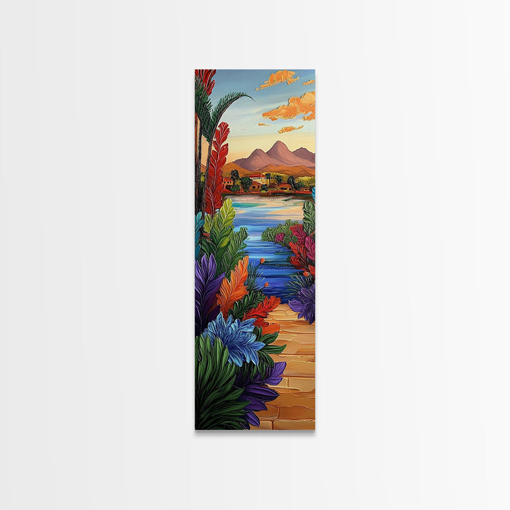 Path Garden, Village Painting, Framed Canvas Print, whimsical tropical pathway, village view, bold colorful foliage, hallway wall art, boho style