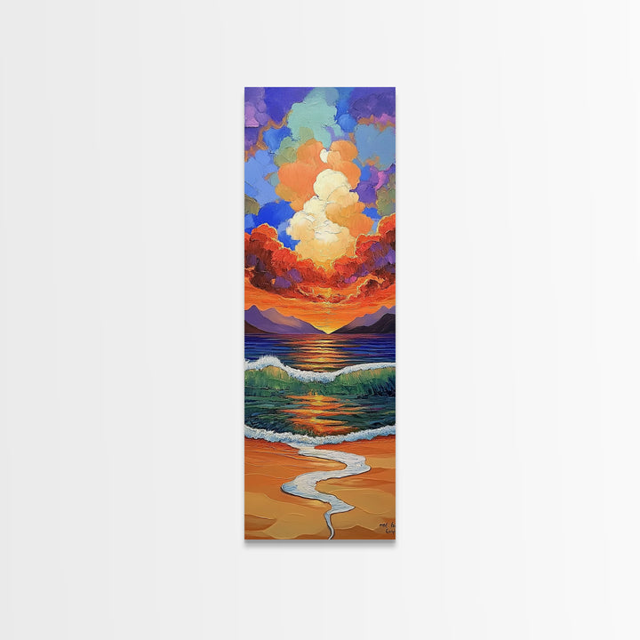 Ocean Sunset, Waves Painting, Framed Canvas Print, dramatic beach sunset, crashing waves, bold seascape, boho home decor, bathroom wall art