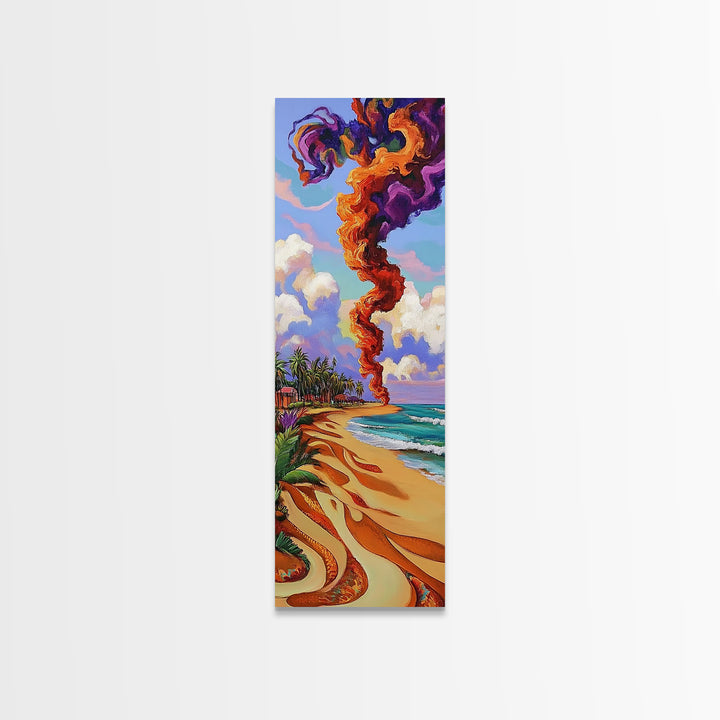 Coastal Smoke Vibes Art, Framed Canvas Print vibrant beach painting with purple and orange smoke, tropical sunset art, boho home decor
