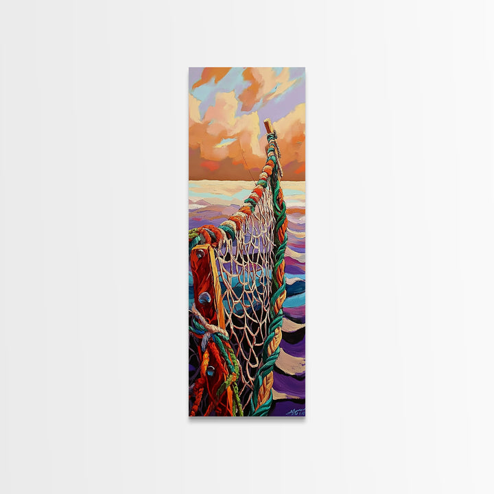 Net Ocean, Sunset Nautical – Canvas Print rustic fisherman’s net painting, nautical themed wall art, beach decor, living room statement art