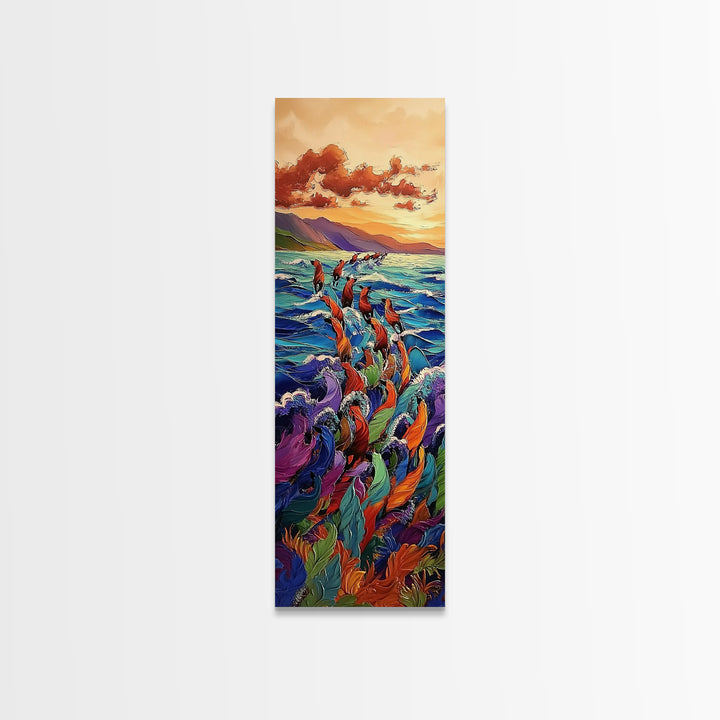 Ocean Horses, Sunset Gallop, Wild Waves, Canvas Print, vibrant equestrian beach art, bold fantasy decor, living room or adventure-themed room