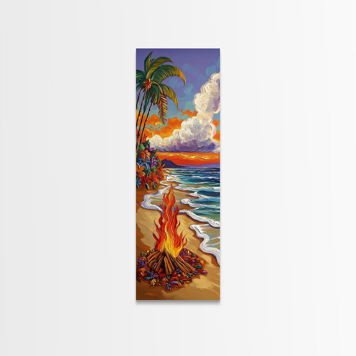 Beach Bonfire, Tropical Sunset, Palm Trees, Framed Canvas Print, coastal beach wall art, summer living room or patio decor, boho ocean vibe