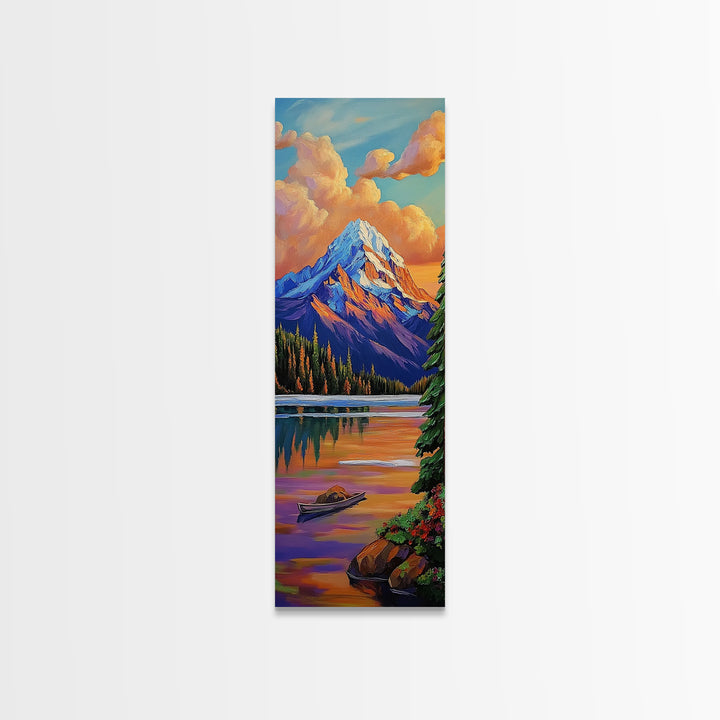 Mountain, Sunrise, Reflection, Nature Scene Framed Canvas Print, Rustic Cabin Decor, Autumn Wall Art, Living Room Mountain Landscape Painting