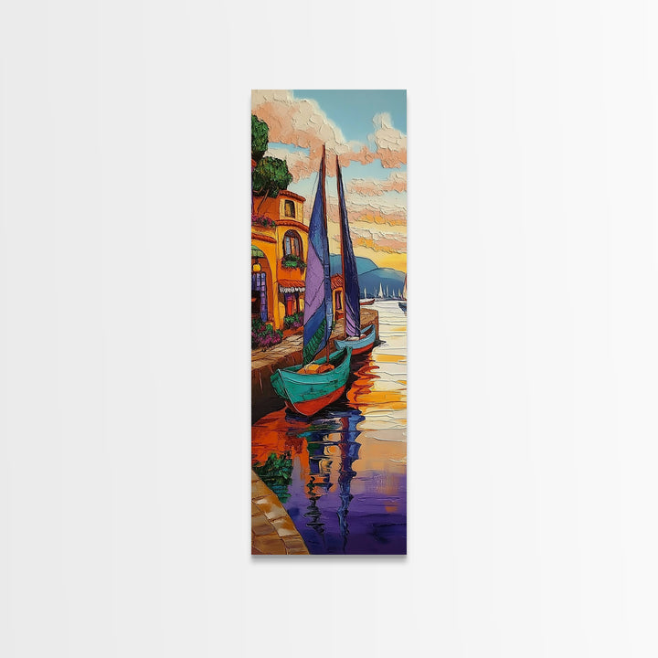 Boats, Harbor, Coastal Village, Mediterranean Scene Framed Canvas Print, Nautical Wall Decor, Vibrant Harbor Painting, Dining Room Accent Art