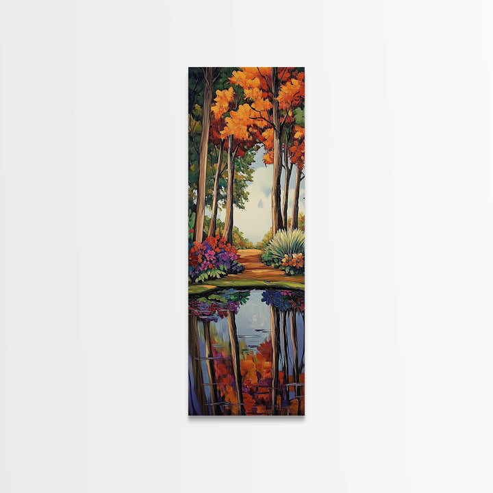 Autumn, Trees, Reflection, Forest - Framed Canvas Print, Fall Foliage Wall Art, Nature Scene Living Room Decor, Warm Seasonal Forest Painting