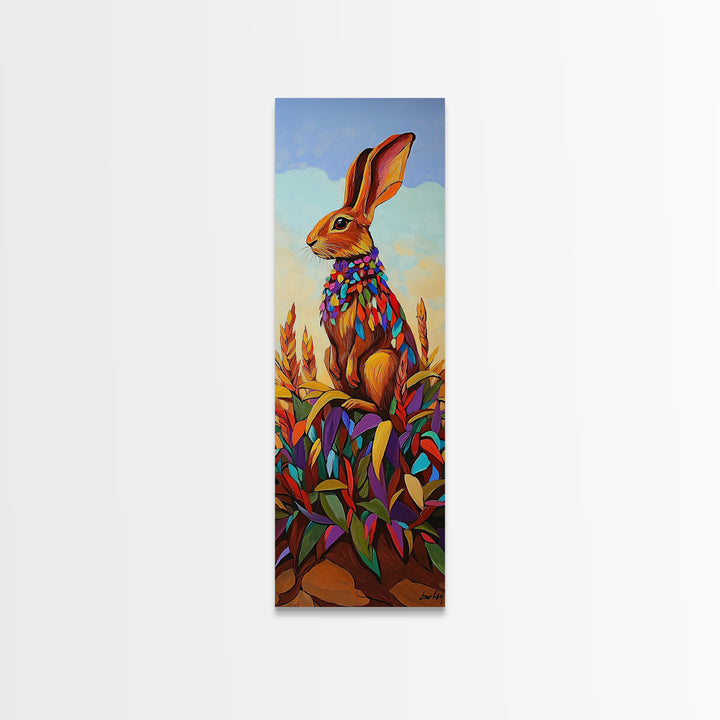Rabbit, Autumn, Leaves, Field, Framed Canvas Print, Fall nursery wall art, woodland animal painting, whimsical harvest decor, colorful boho style