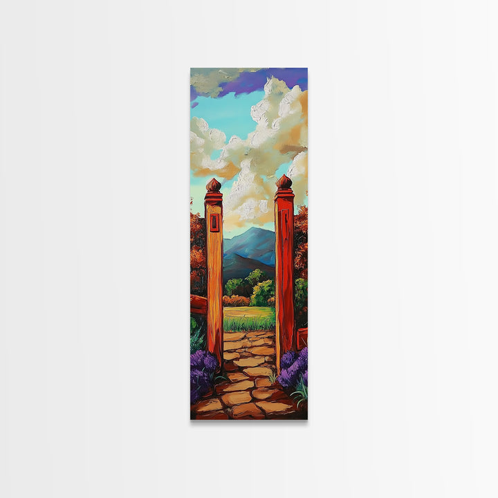 Country Gate, Meadow, Rustic Garden Landscape Framed Canvas Print, Farmhouse Wall Art, Autumn Entryway Decor, Peaceful Nature Scene