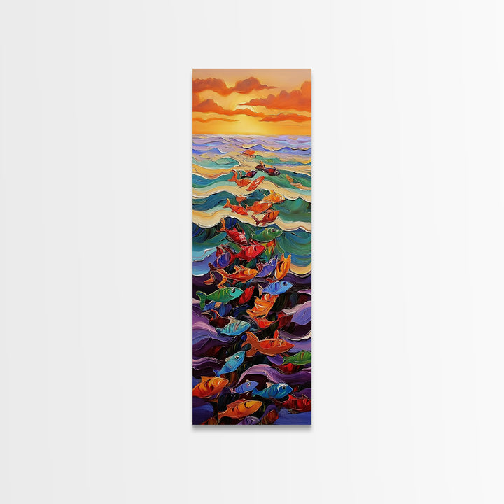 Ocean Journey, Colorful Fish, Sunrise Waves, Framed Canvas Print, vibrant coastal fish painting, kids room or nautical beach house art