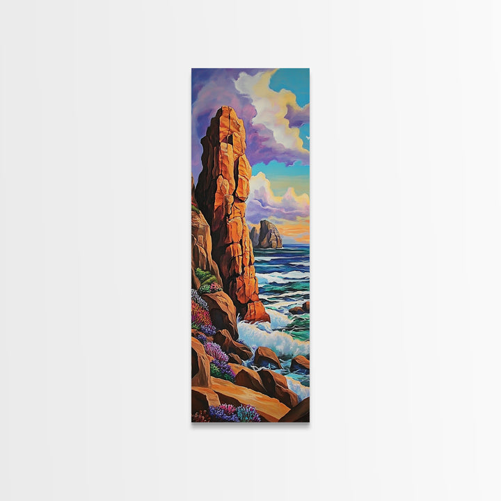 Coastal Cliffs, Ocean, Sunset, Framed Canvas Print, Bold coastal cliffs wall art, dramatic seascape beach decor, contemporary ocean painting