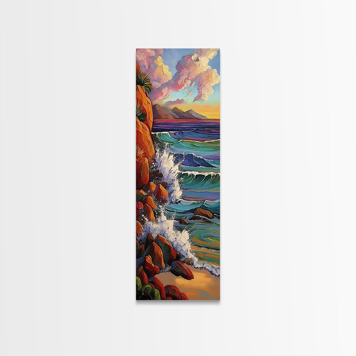 Ocean Cliffs, Sunset, Trees, Framed Canvas Print, Ocean cliffs wall art, glowing sunset scene, romantic coastal decor, entryway accent
