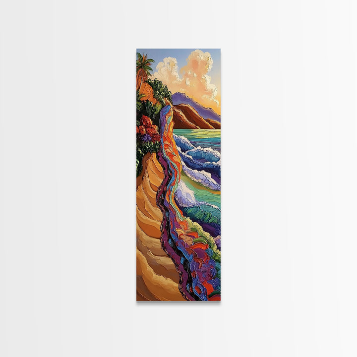 Cliffside Ocean, Rainbow, Waves – Canvas Print bold beach artwork, coastal living room art, tropical ocean scene, textured vibrant painting