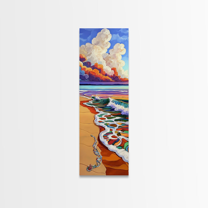 Beach Wave, Necklace, Shore — Canvas Print of whimsical wave reaching jewelry on sand, perfect Boho Bathroom Wall Art or Beach Lover's Gift Decor