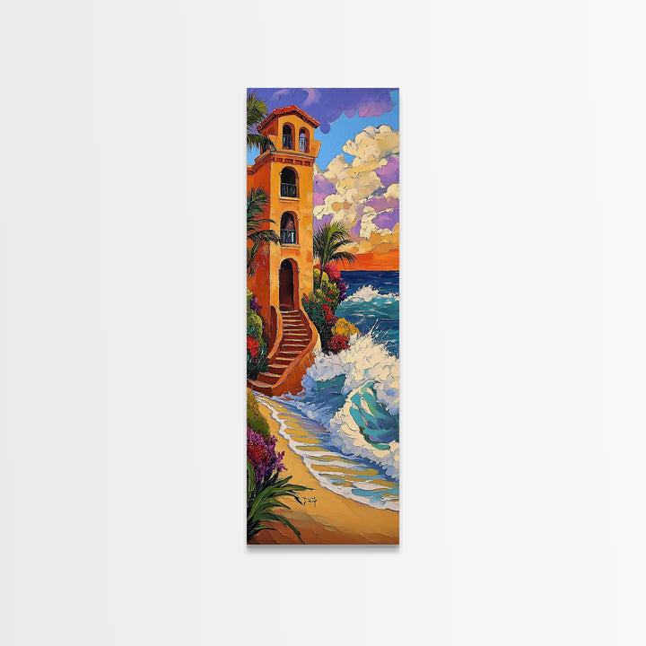 Coastal Villa, Sunset, Ocean Waves Framed Canvas Print, Mediterranean Style Wall Art, Colorful Beach Home Decor, Seaside Painting