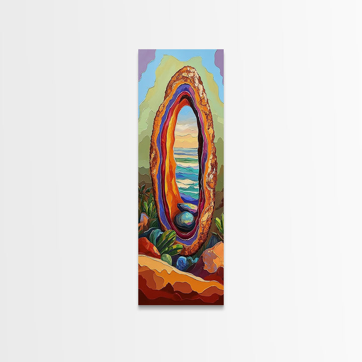 Ocean Portal, Geode Shell, Dreamy, Surreal Beach Art, Framed Canvas Print, Boho Bedroom Decor, Psychedelic Coastal Wall Art