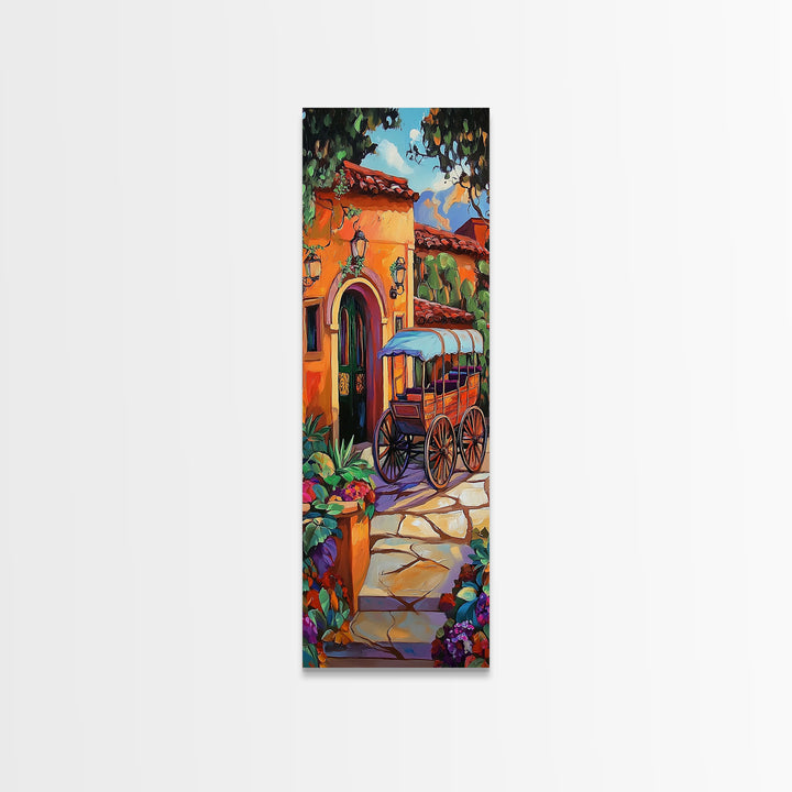 Cart Villa, Garden, Framed Canvas Print, Vibrant Mexican courtyard with wooden cart painting, hacienda decor, hallway rustic wall art
