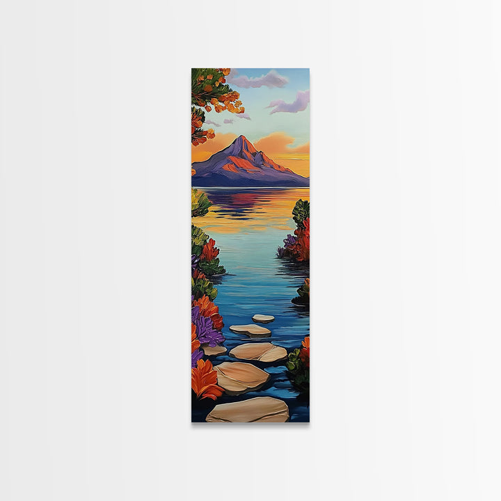 Pathway Lake, Mountains, Framed Canvas Print, Tranquil mountain lake trail painting with floral path, cabin wall art, rustic living room decor