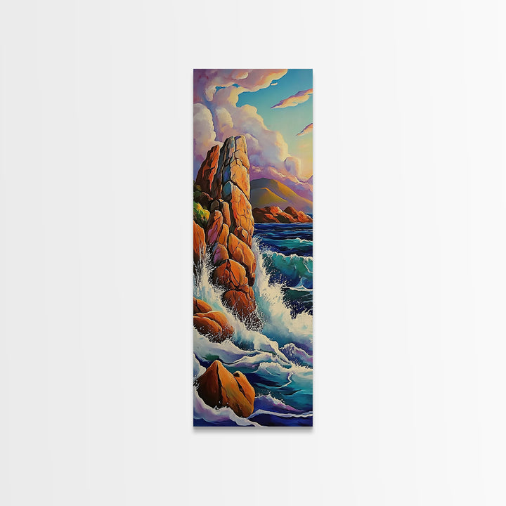 Ocean Rocks, Cliffs, Framed Canvas Print, Dramatic rocky shoreline painting with crashing waves, coastal landscape art, living room decor