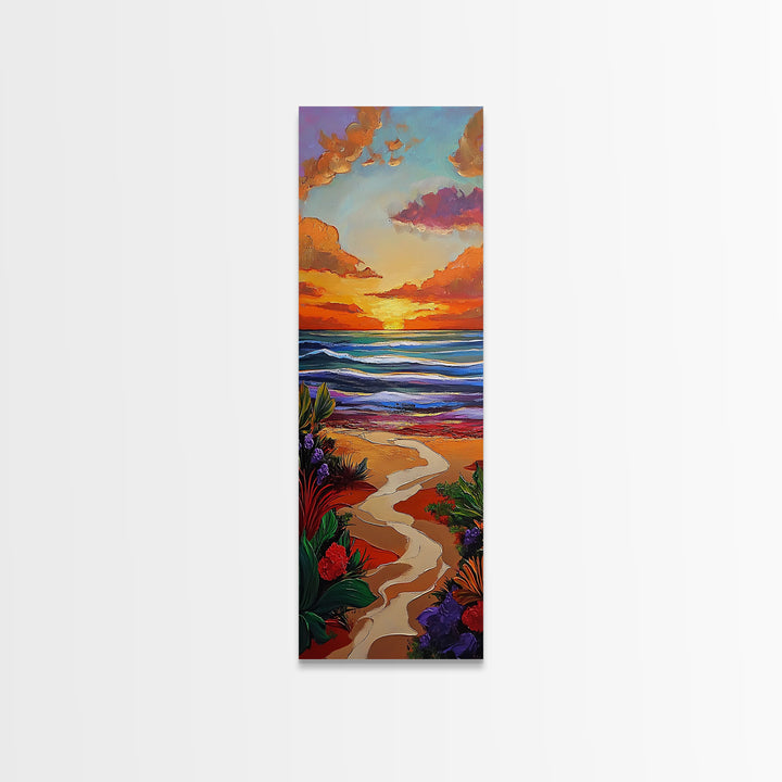 Path Beach, Sunset, Tropical Canvas Print scenic path to ocean wall decor, vibrant beach sunset artwork, tropical boho art, entryway art